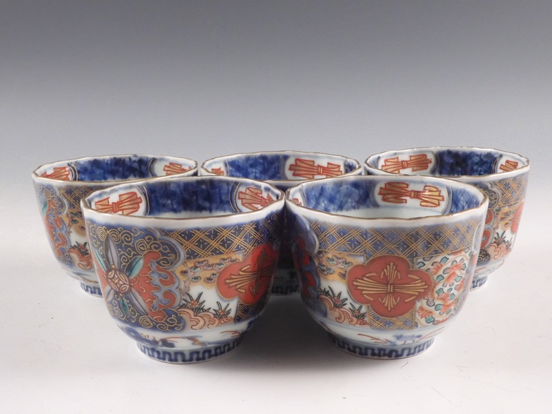 江戸後期　古伊万里　色絵金瓢箪文輪花形向付　五客　○×高台　小鉢　蕎麦猪口 江戸後期 古伊万里 色絵金瓢箪文輪花形向付 五客 ○×高台 小鉢 蕎麦
